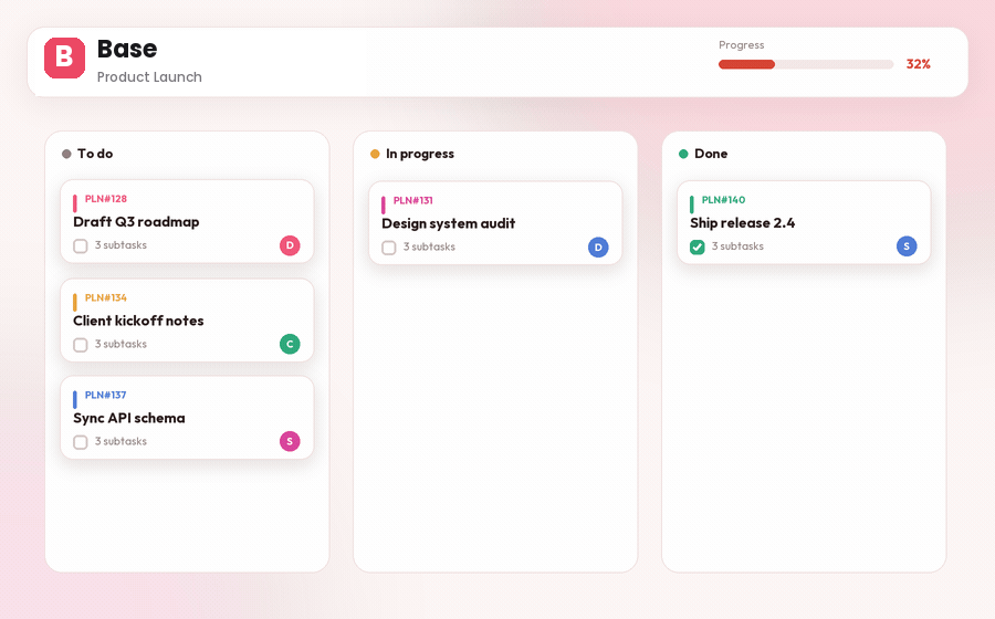 Animated Base board showing a task moving from To do to In progress to Done with progress updating